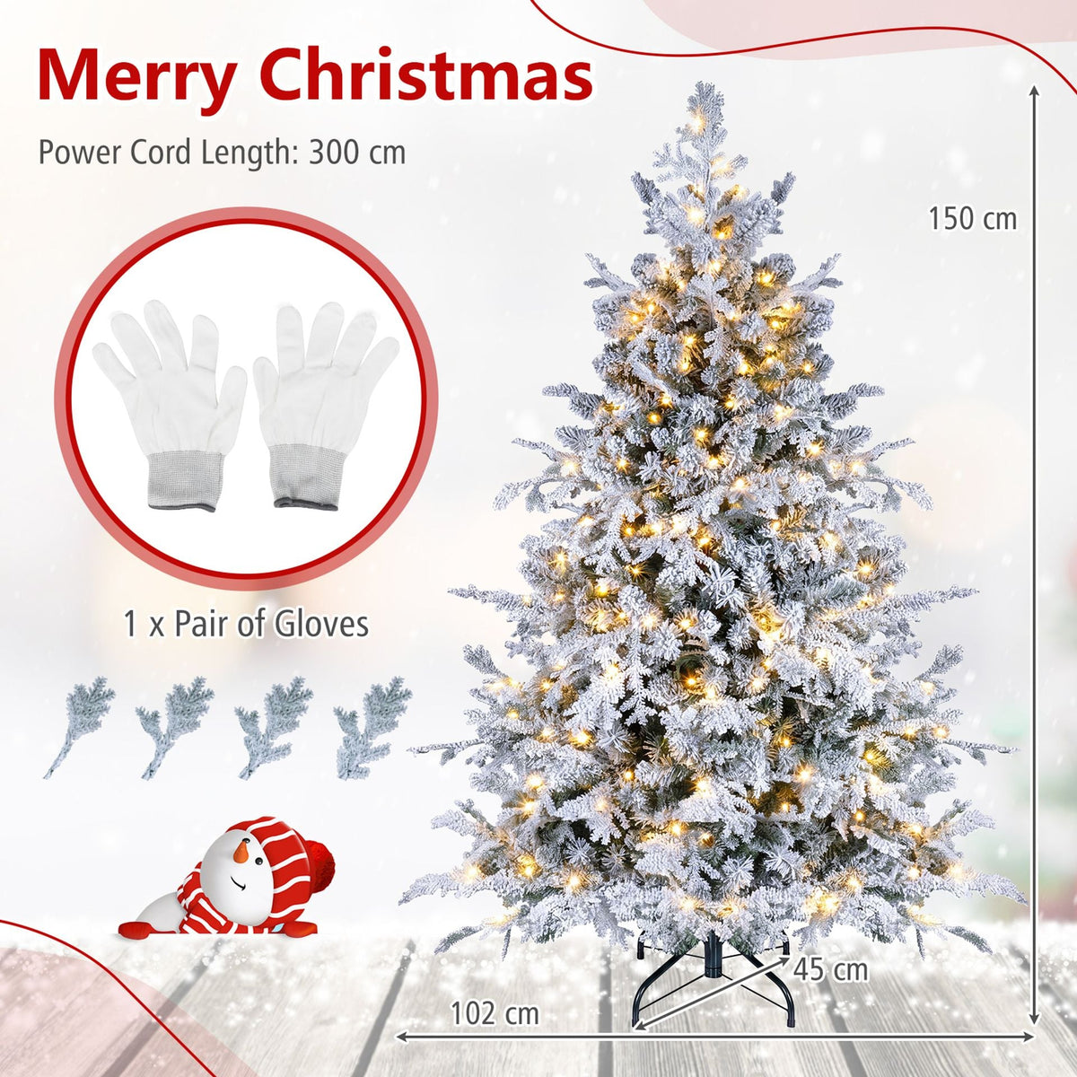 150cm Flocked Christmas Tree with Full Branch Tips LED Lights and Folding Metal Stand