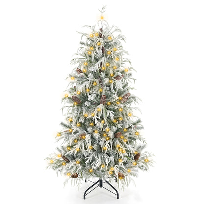150cm Snow-Flocked Christmas Tree with Full Branch Tips and Natural Pine Cones Warm White LED Lights