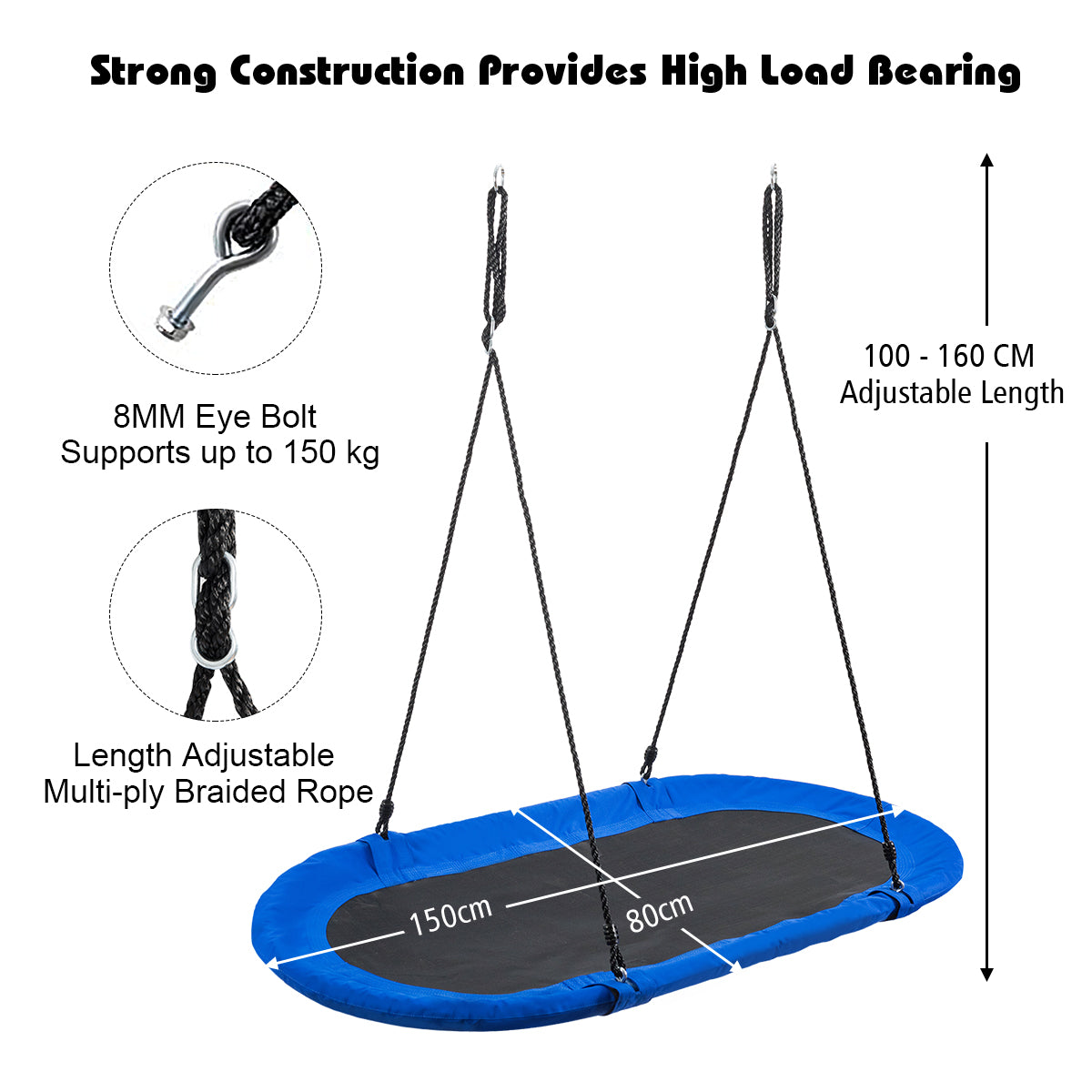 150 cm Oval Swing with Height-Adjustable Rope for Outdoor Indoor-Blue