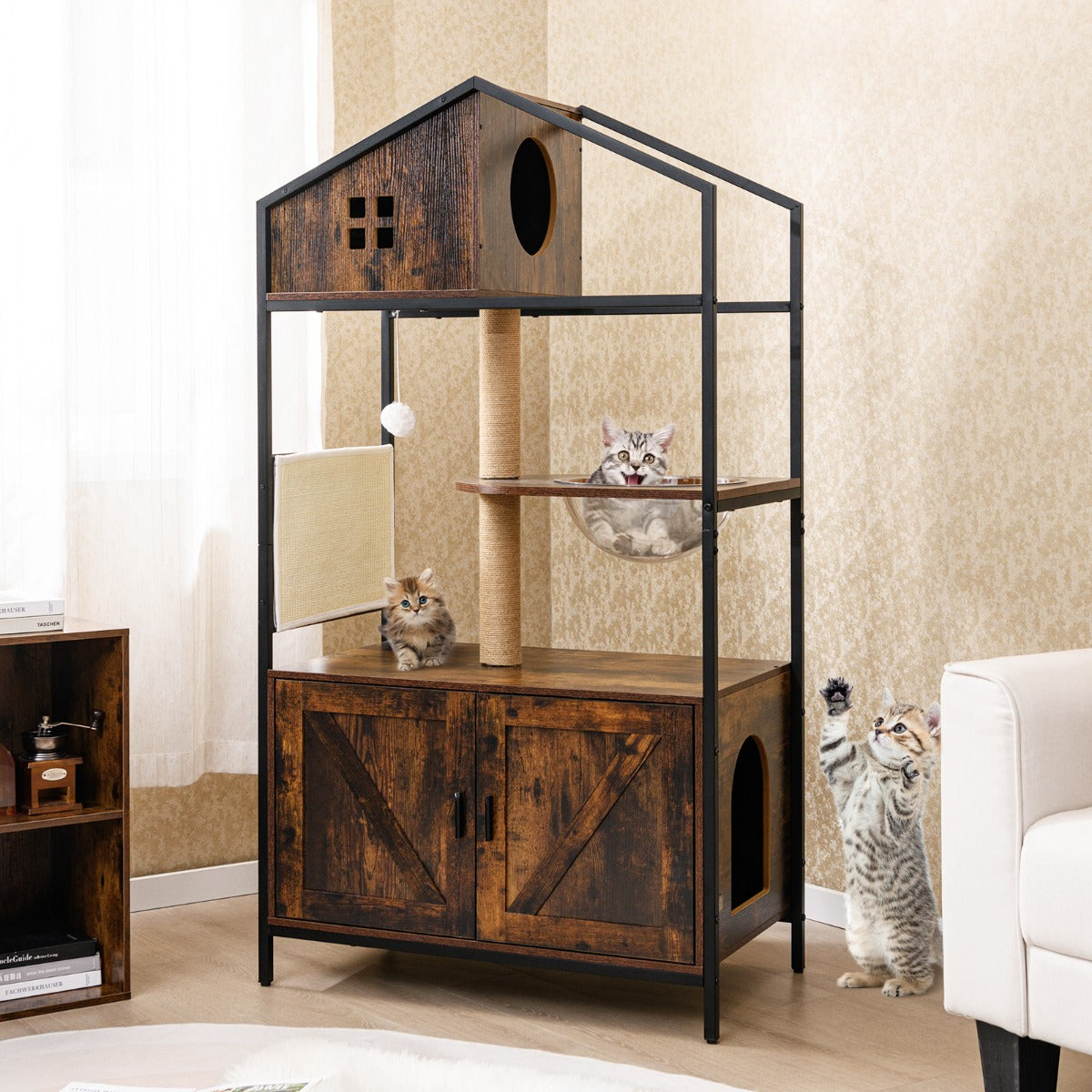 150CM Cat Tree with Litter Box Enclosure-Rustic Brown