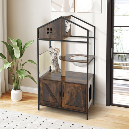 150CM Cat Tree with Litter Box Enclosure-Rustic Brown