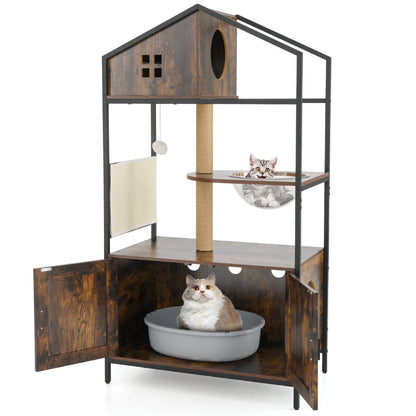 150CM Cat Tree with Litter Box Enclosure-Rustic Brown