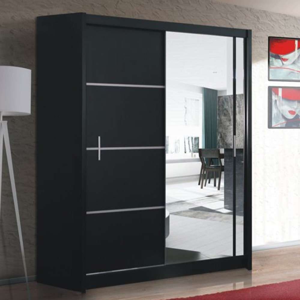 Vista Mirrored Sliding Door Wardrobe 150 cm- Black, White and Oak