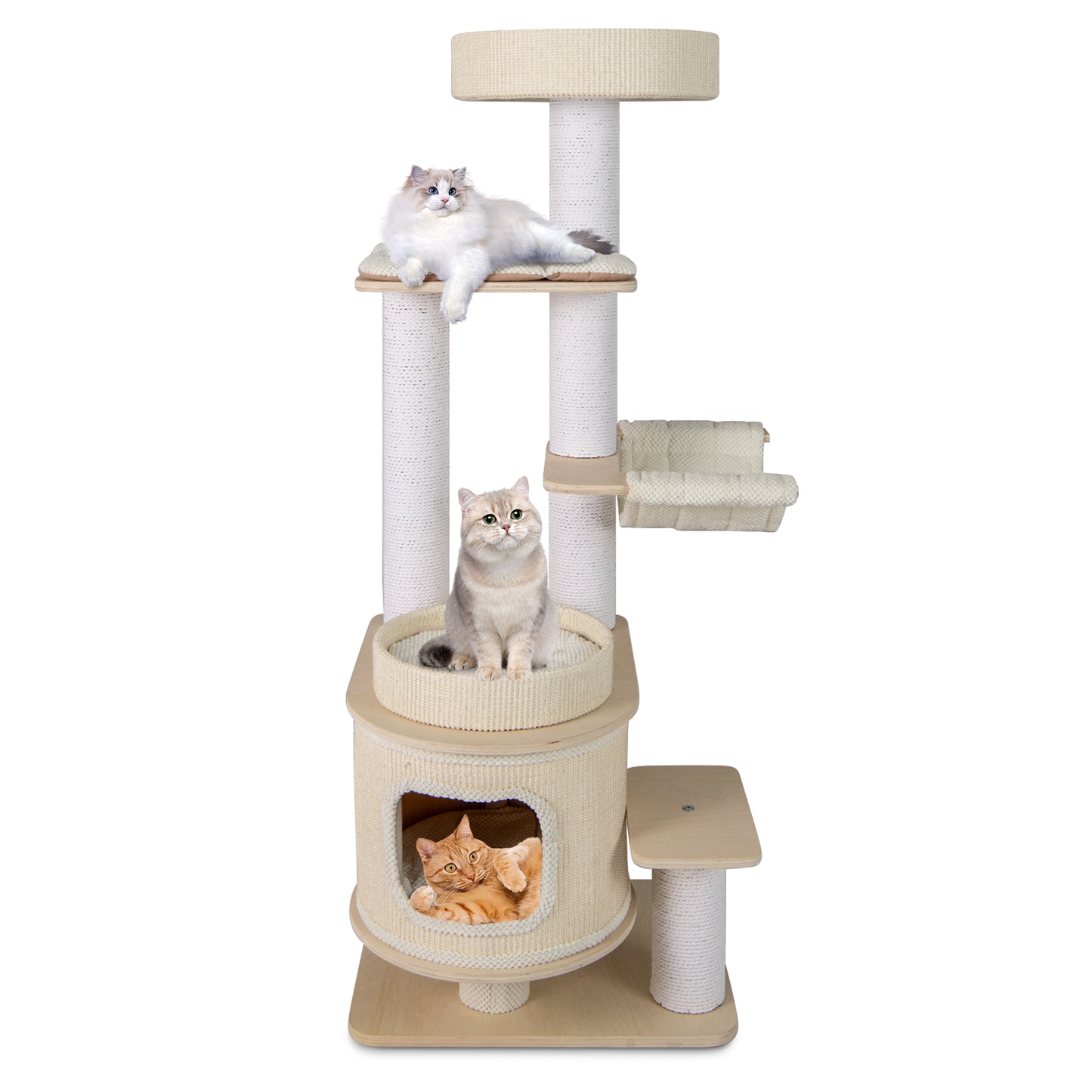151 CM Modern Cat Tree Multi-level with Padded Top Perch and 2-Tier Cat Condo-Natural & White