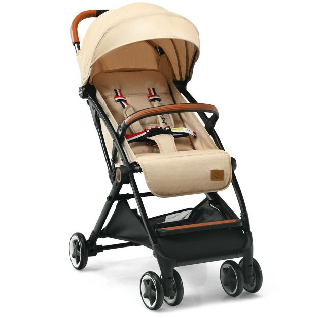 Folding Pushchair with Adjustable Backrest and Footrest-Beige