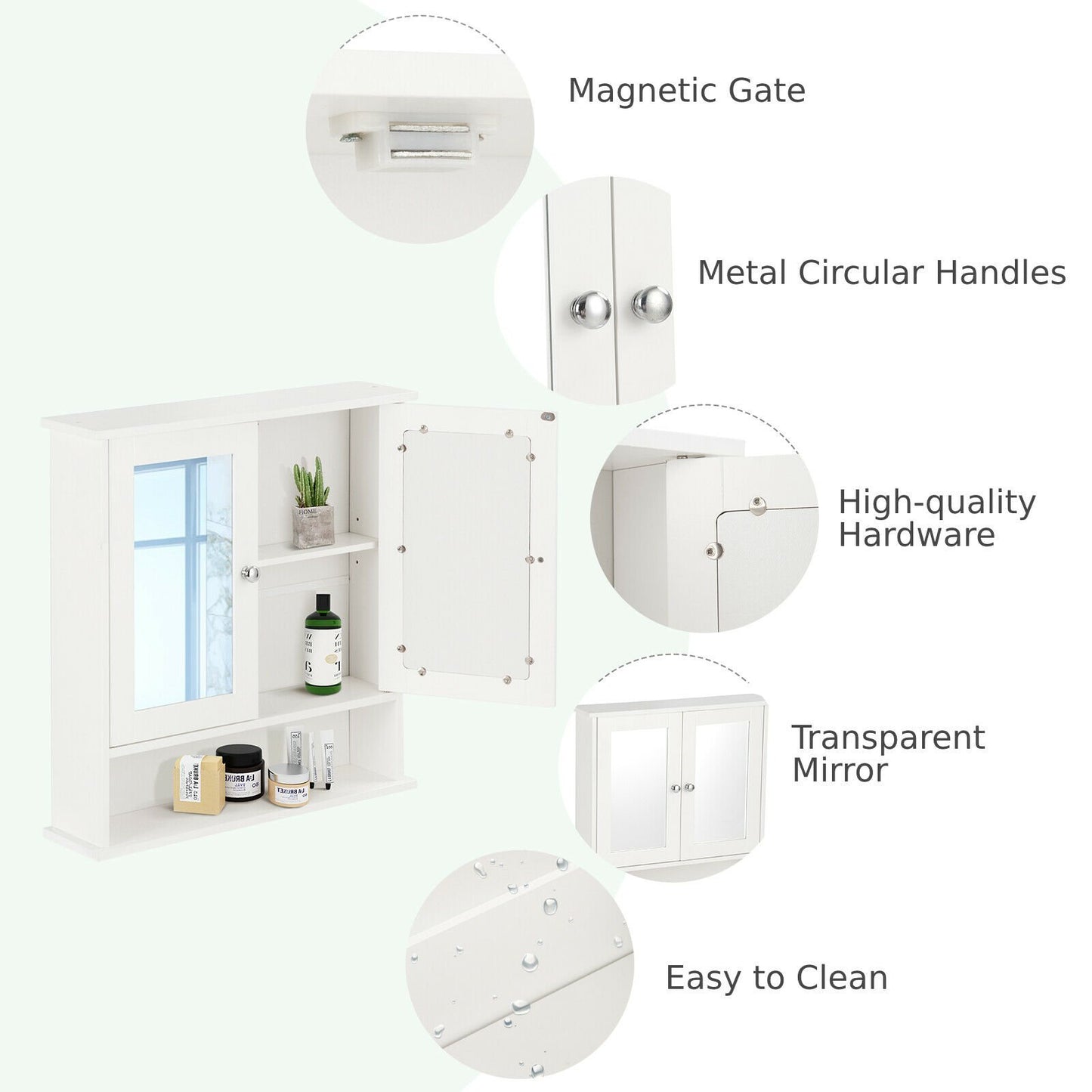 Wooden Hanging Medicine Organizer with Mirror and Adjustable Shelf-White