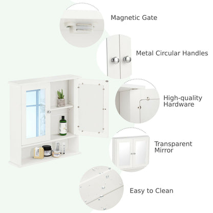 Wooden Hanging Medicine Organizer with Mirror and Adjustable Shelf-White