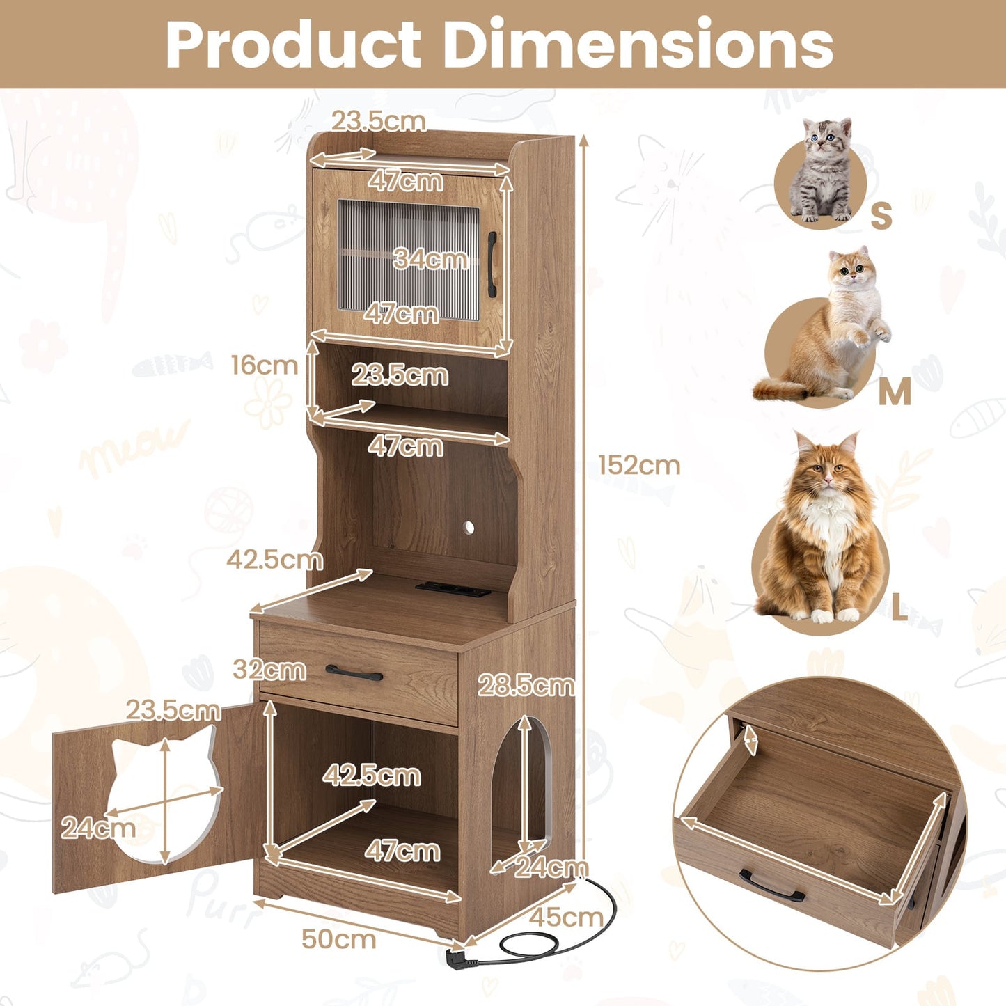 152 cm Tall Cat Litter Box Enclosure with Adjustable LED Light-Natual