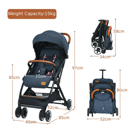 Folding Pushchair with Adjustable Backrest and Footrest-Navy