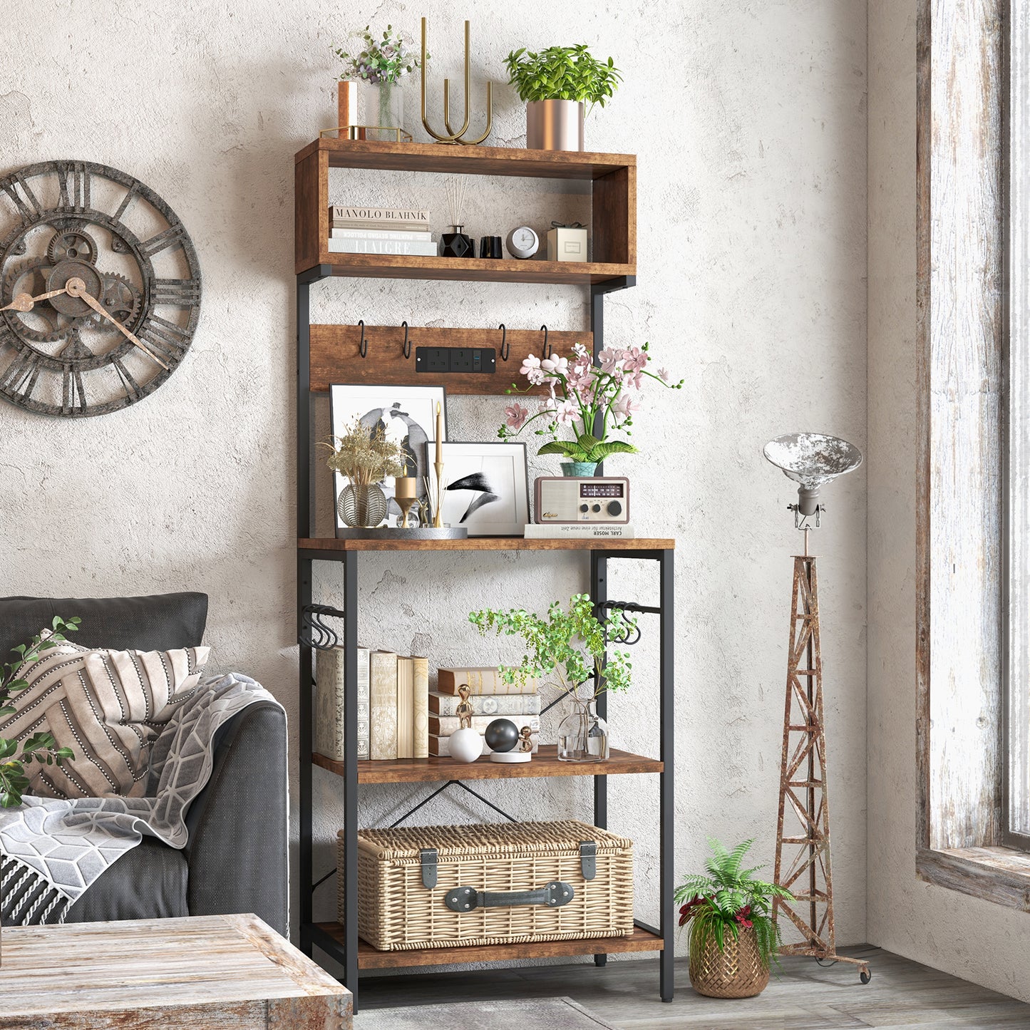 153 cm Tall Microwave Stand Kitchen Bakers Rack with Power Outlet-Rustic Brown
