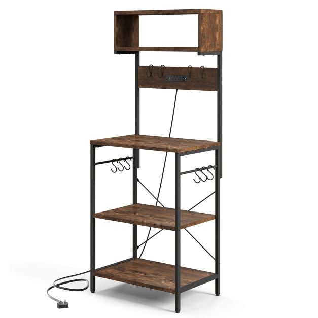 153 cm Tall Microwave Stand Kitchen Bakers Rack with Power Outlet-Rustic Brown