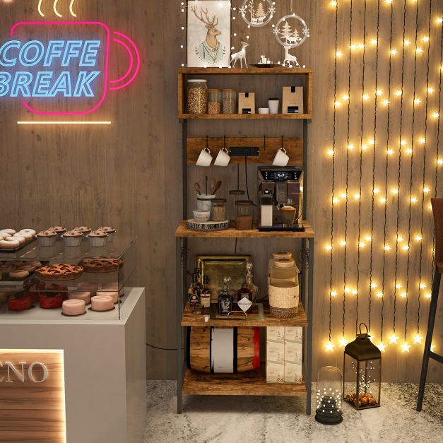 153 cm Tall Microwave Stand Kitchen Bakers Rack with Power Outlet-Rustic Brown