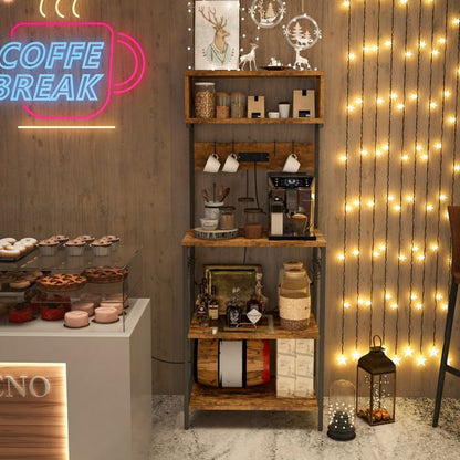 153 cm Tall Microwave Stand Kitchen Bakers Rack with Power Outlet-Rustic Brown