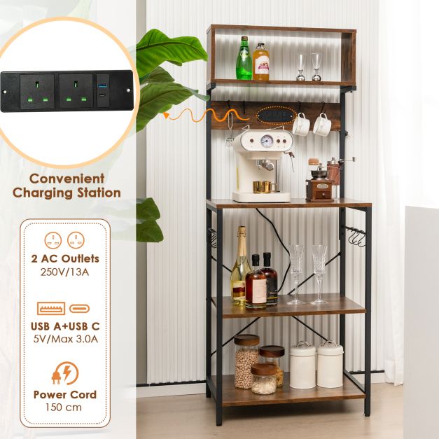 153 cm Tall Microwave Stand Kitchen Bakers Rack with Power Outlet-Rustic Brown