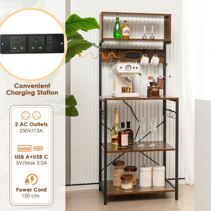 153 cm Tall Microwave Stand Kitchen Bakers Rack with Power Outlet-Rustic Brown