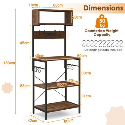 153 cm Tall Microwave Stand Kitchen Bakers Rack with Power Outlet-Rustic Brown