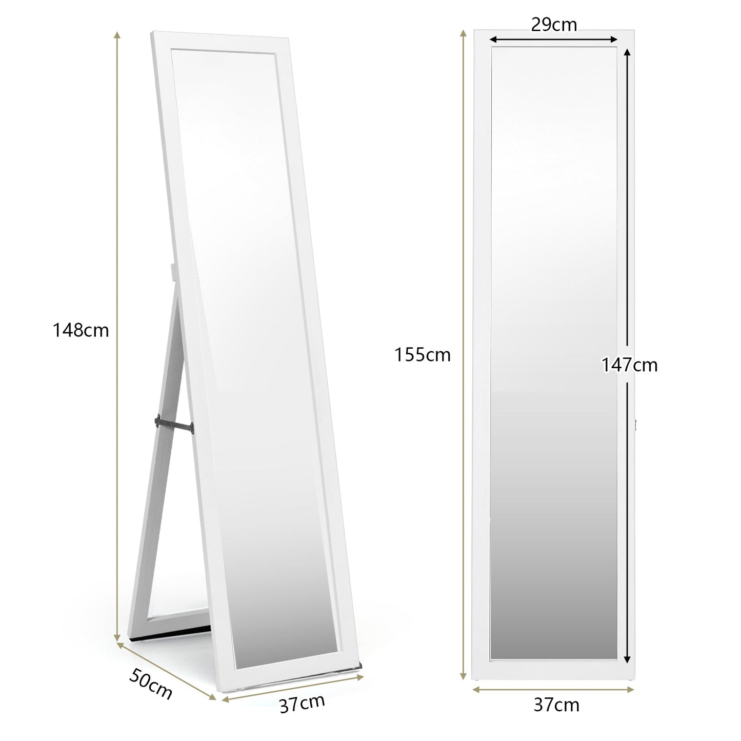 153 x 37 cm Wooden Frame Rectangle Full Length Mirror-White