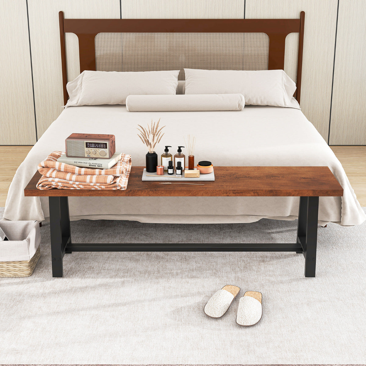 153CM Entryway Shoe Bench 3 Person with Metal Frame-Walnut