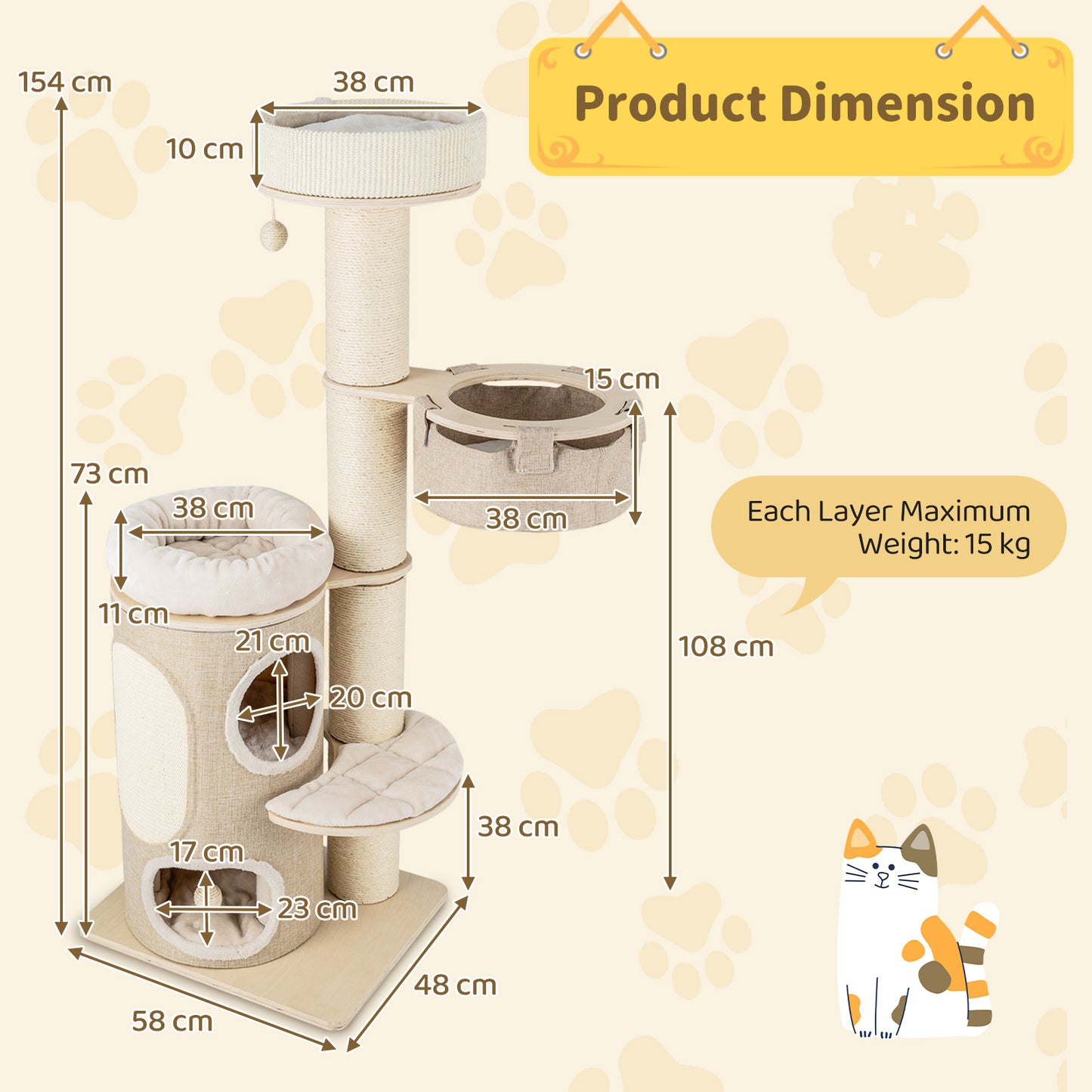 154CM Multi-level Cat Tree with 2-stoery Condo and Top Perch-Natural
