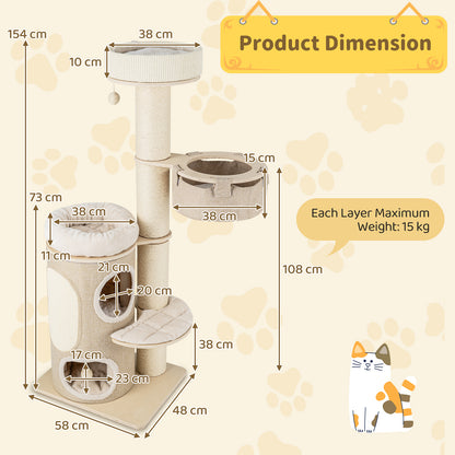 154CM Multi-level Cat Tree with 2-stoery Condo and Top Perch-Natural