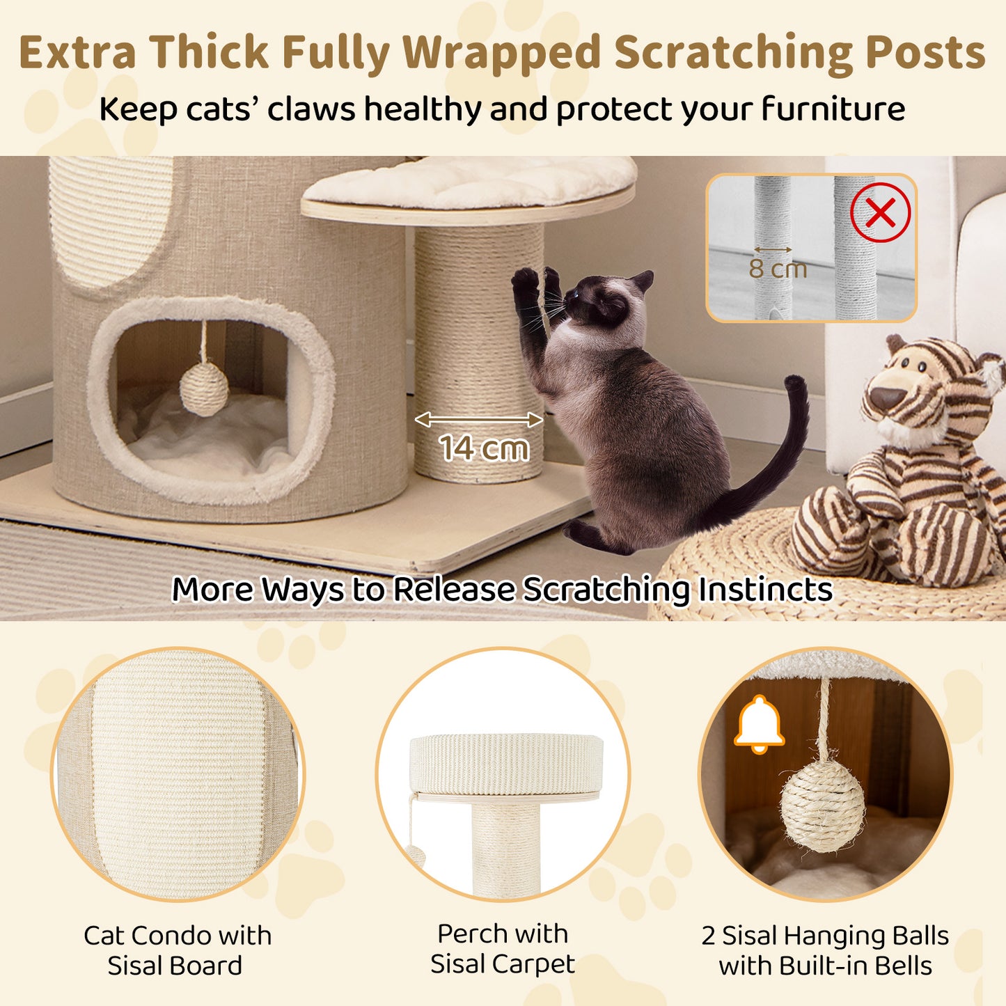 154CM Multi-level Cat Tree with 2-stoery Condo and Top Perch-Natural