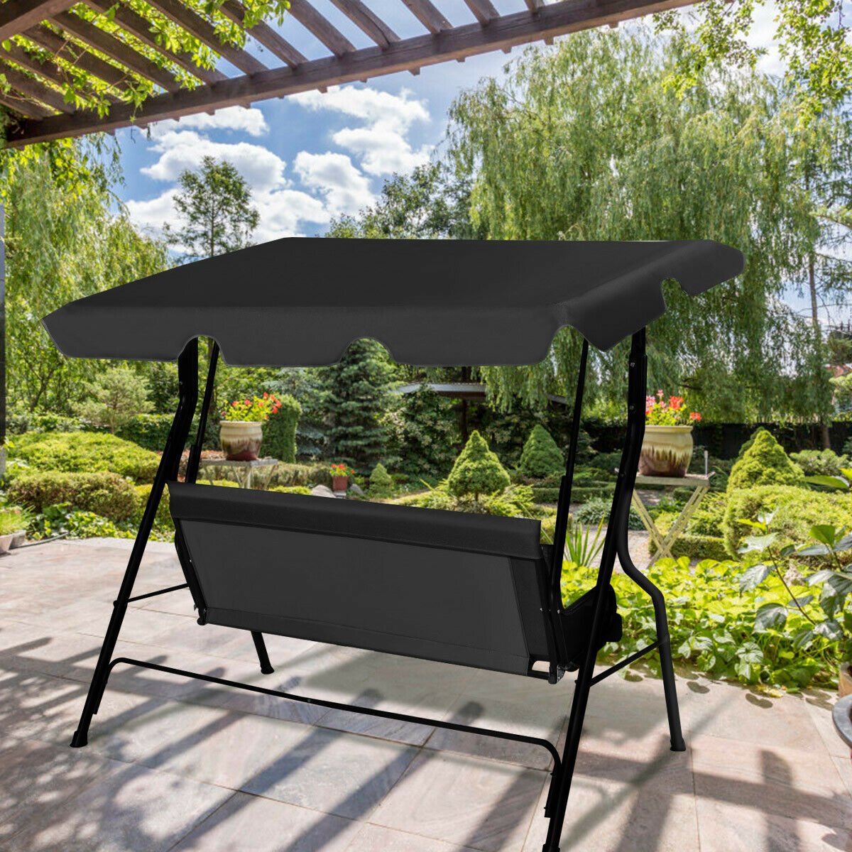 Garden Patio Metal Swing 3 Seater Lounger-Black