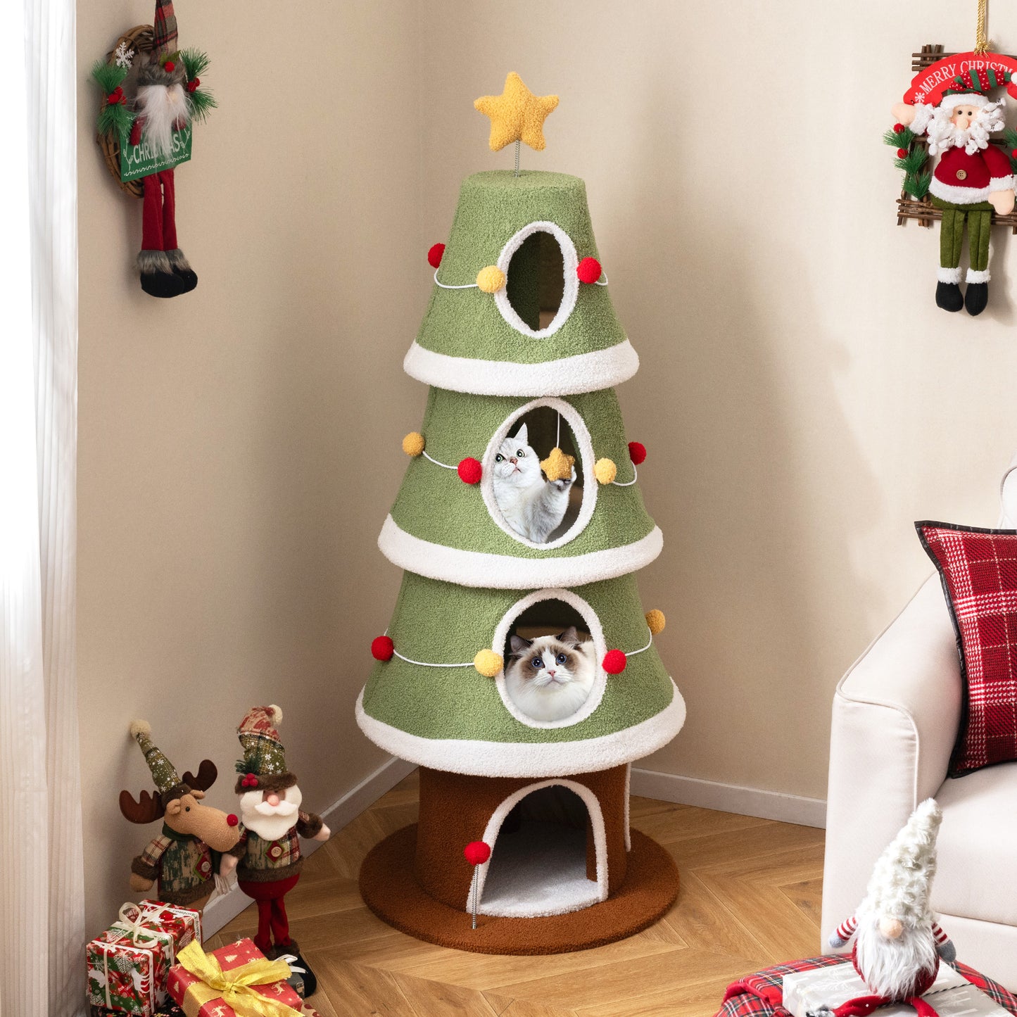 154 cm Cute Cat Tower with 4 Condos and Sisal Carpet for Holiday Decoration-Green & White