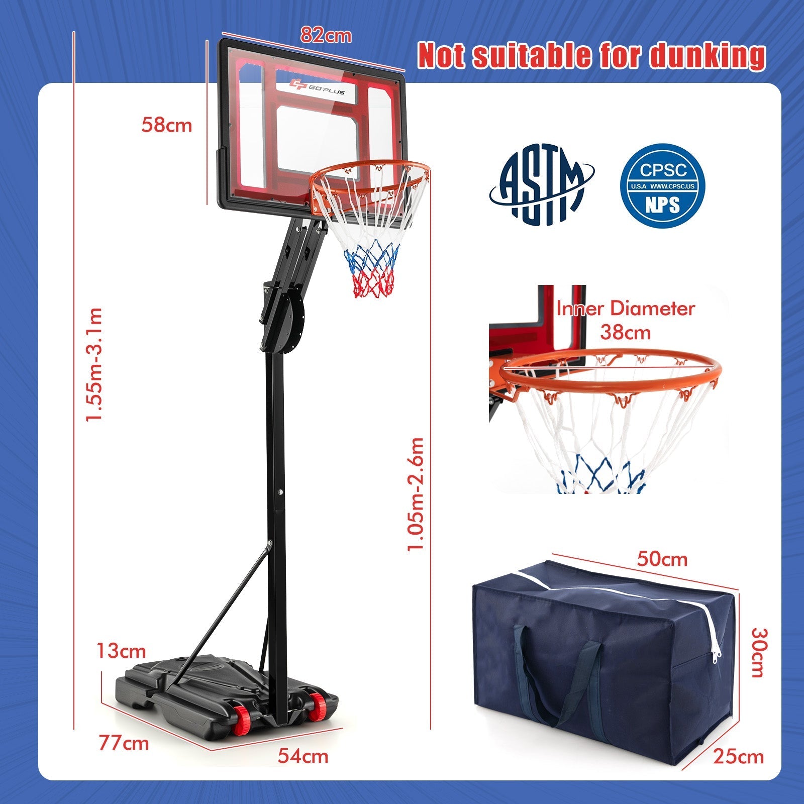 1.55-3.1M Height Adjustable Basketball Hoop with Wheels - Furniture Gold