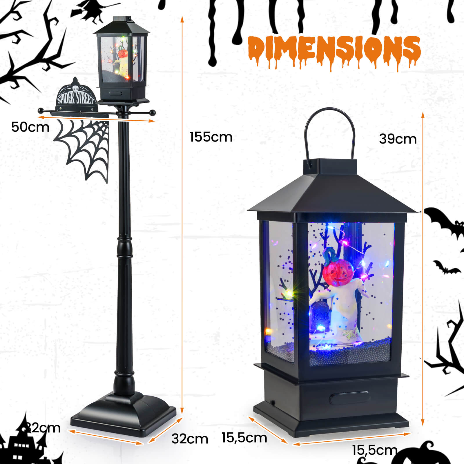 155 cm Halloween Lamp Post Sound-Activated with Black Snowy Effects-Black