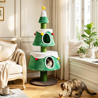 156 cm Cat Christmas Tree with 2 Condos and Scratching Posts for Holiday Style-Green