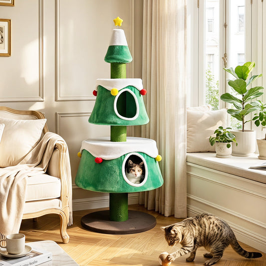 156 cm Cat Christmas Tree with 2 Condos and Scratching Posts for Holiday Style-Green