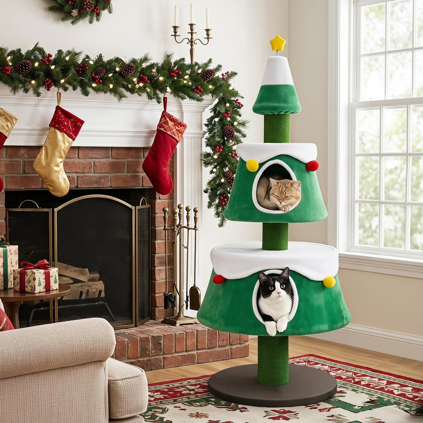 156 cm Cat Christmas Tree with 2 Condos and Scratching Posts for Holiday Style-Green