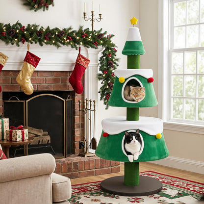 156 cm Cat Christmas Tree with 2 Condos and Scratching Posts for Holiday Style-Green