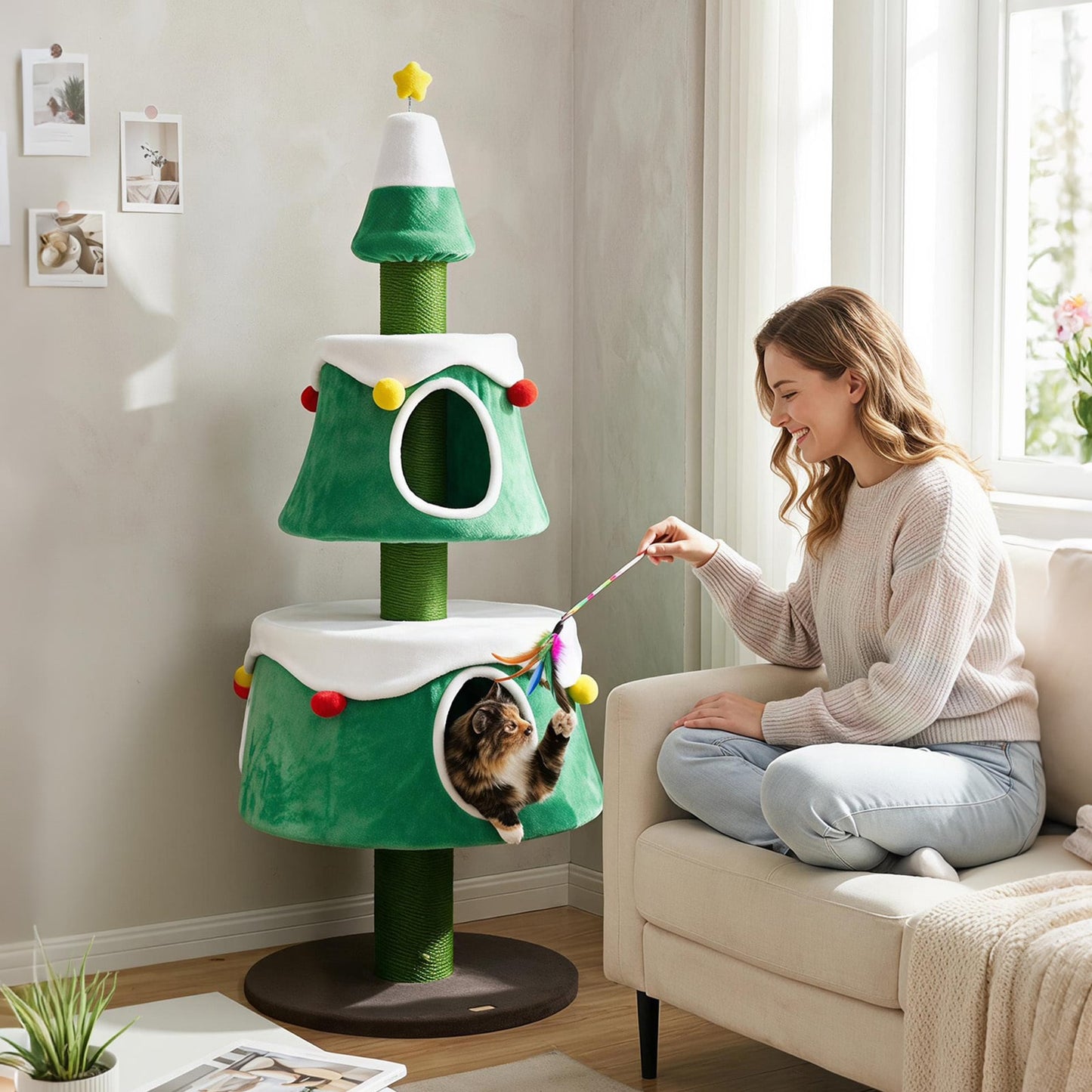 156 cm Cat Christmas Tree with 2 Condos and Scratching Posts for Holiday Style-Green