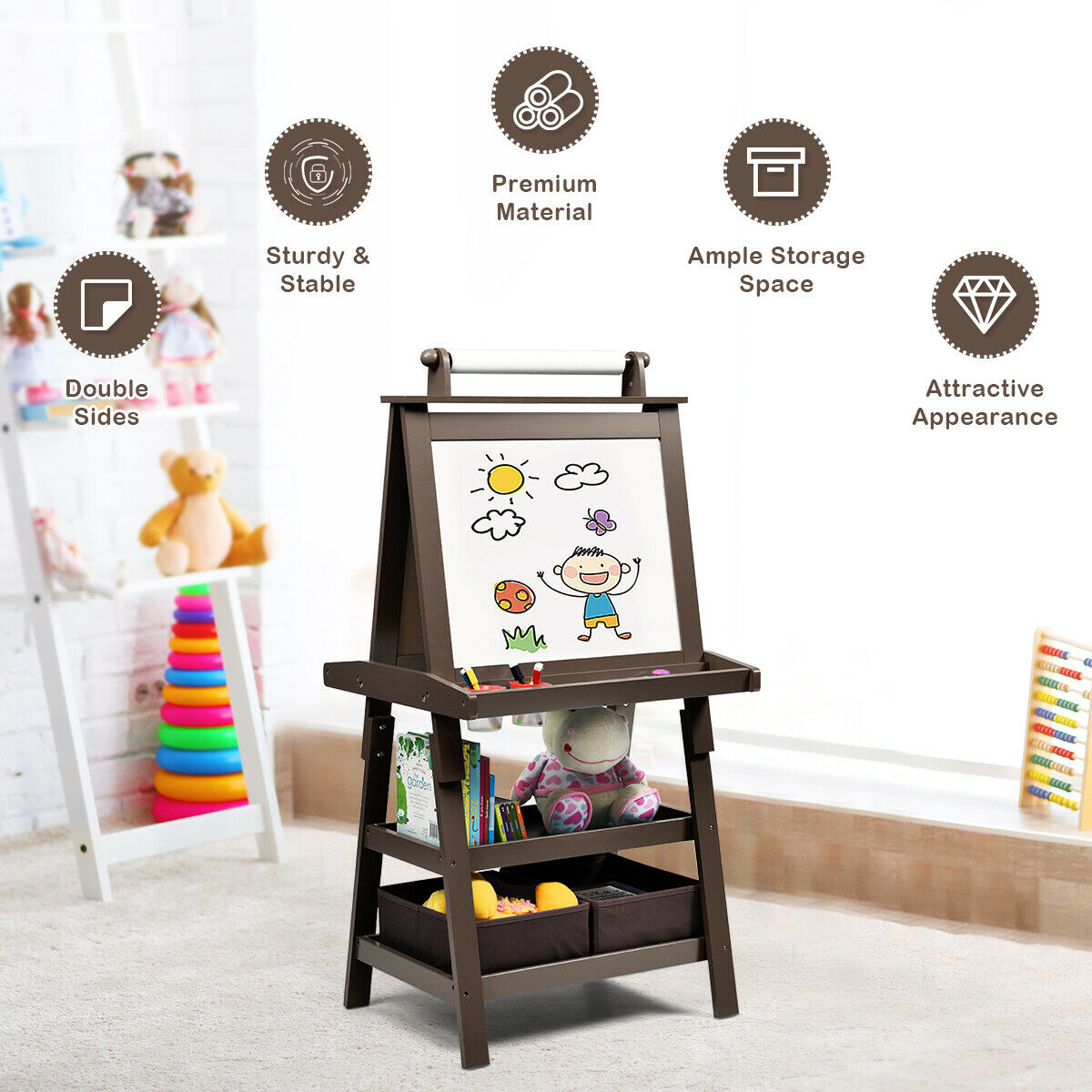 Children's Double-Sided Art Easel with Paper Roll-Brown