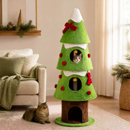 157.5 cm Christmas Cat Tree with 3 Cozy Condos and 2 Hanging Balls-Green