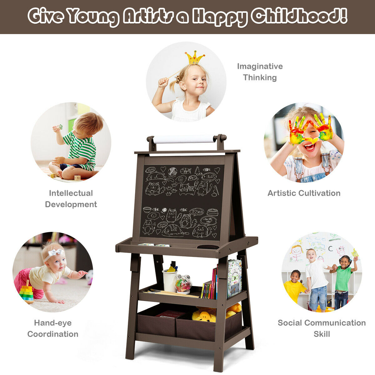 Children's Double-Sided Art Easel with Paper Roll-Brown