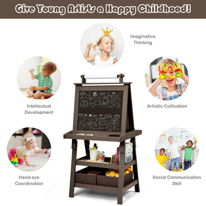 Children's Double-Sided Art Easel with Paper Roll-Brown
