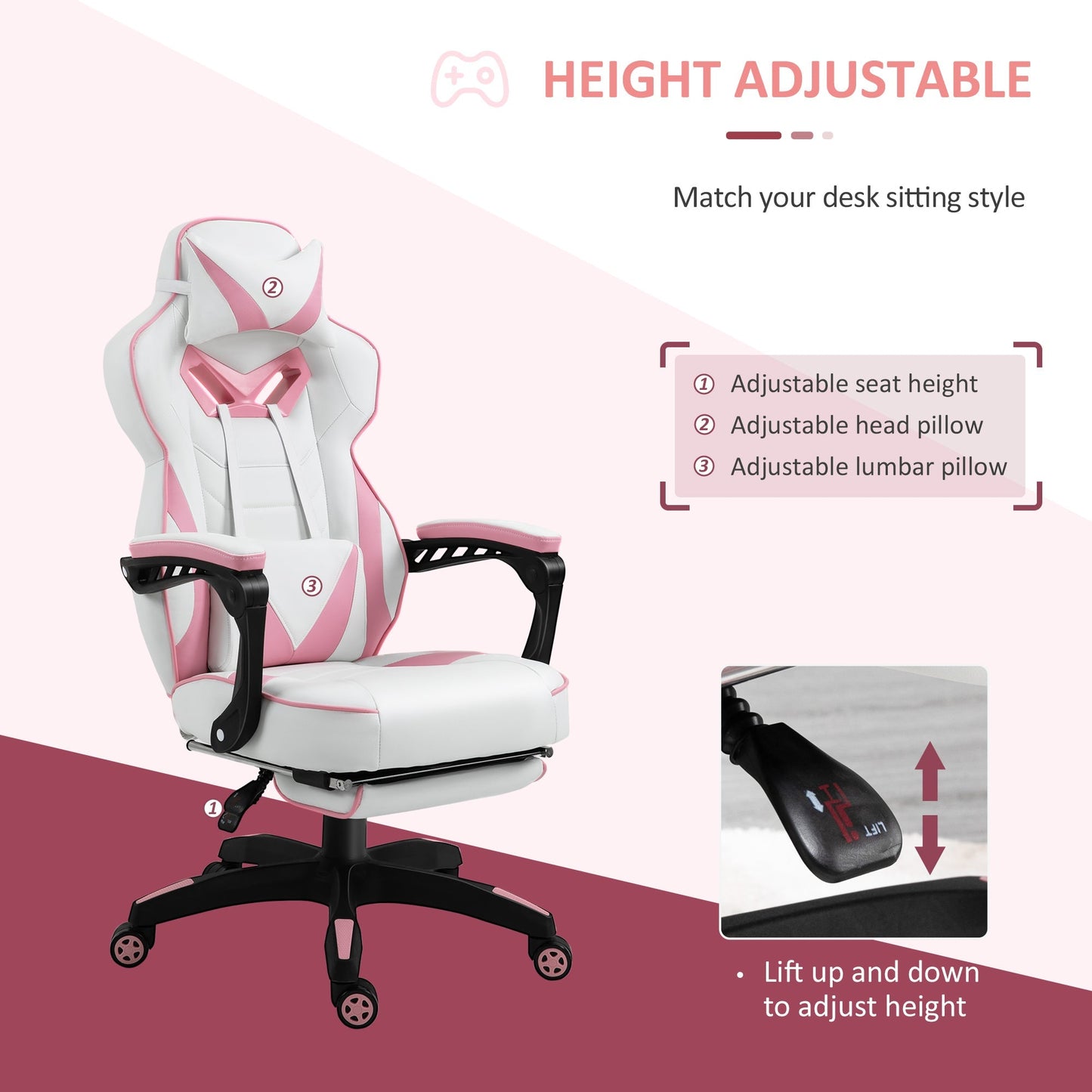 Vinsetto Gaming Chair Ergonomic Reclining w/ Manual Footrest 5 Wheels Stylish Office Pink