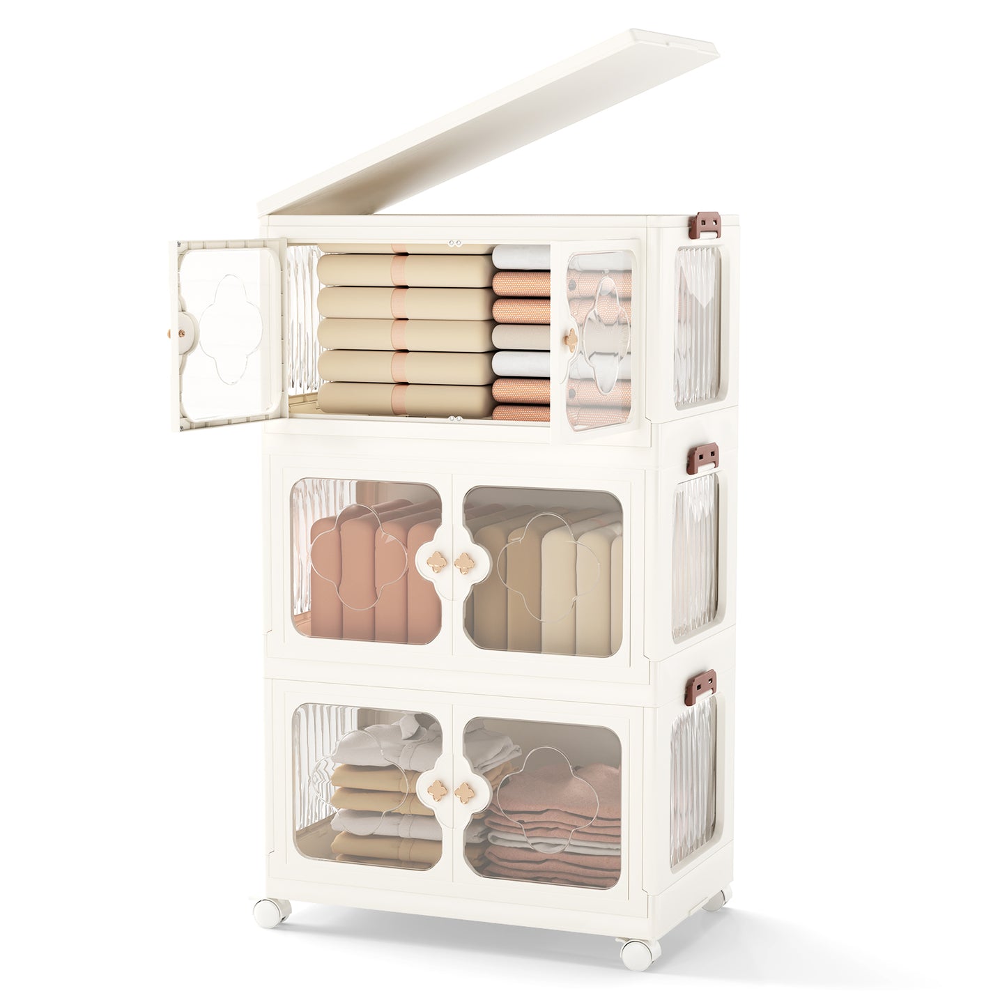 Stackable Storage Containers with Wheels and Lit-White-3-Tier