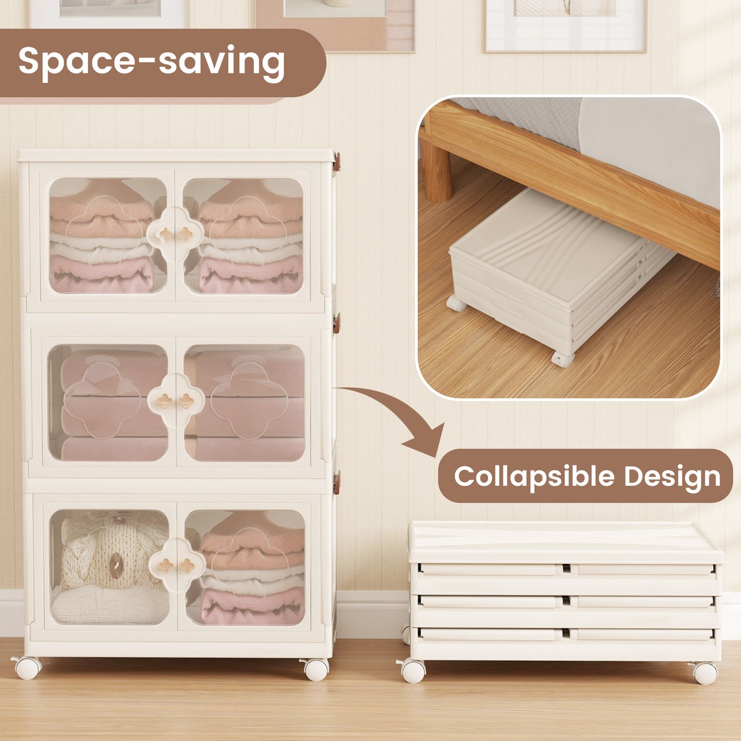 Stackable Storage Containers with Wheels and Lit-White-3-Tier