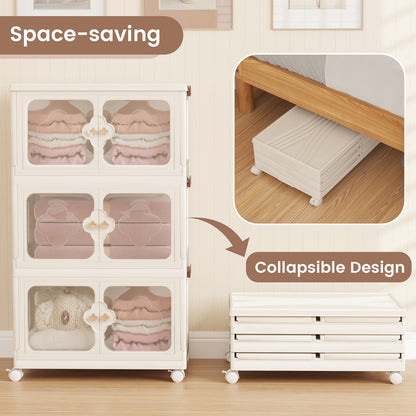 Stackable Storage Containers with Wheels and Lit-White-3-Tier