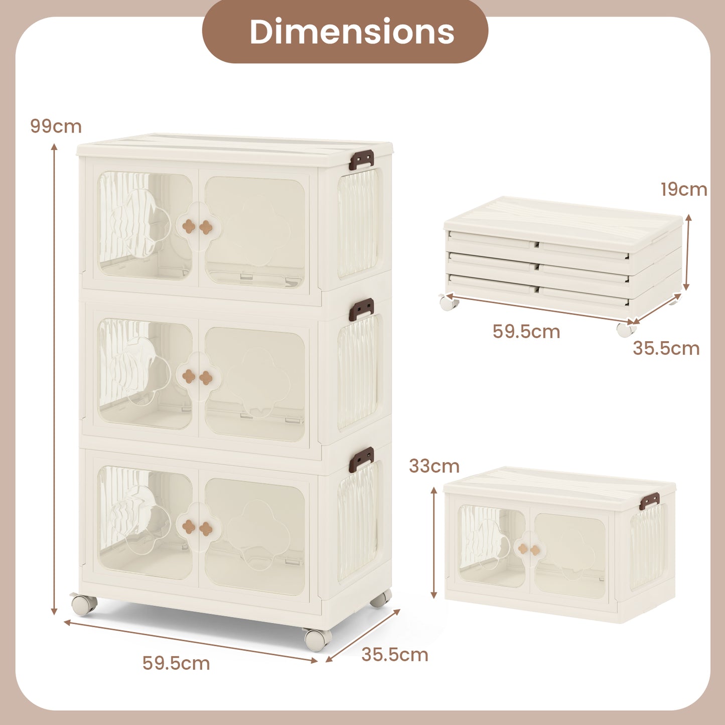 Stackable Storage Containers with Wheels and Lit-White-3-Tier