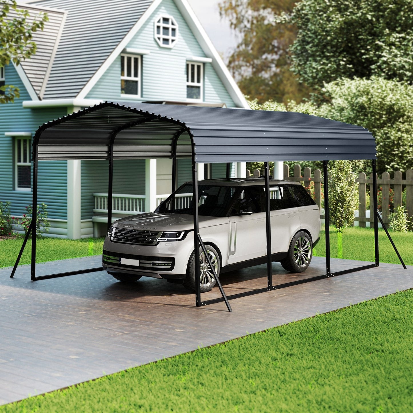 15FT Heavy-Duty Metal Carport Outdoor Garage Car Shelter-Black