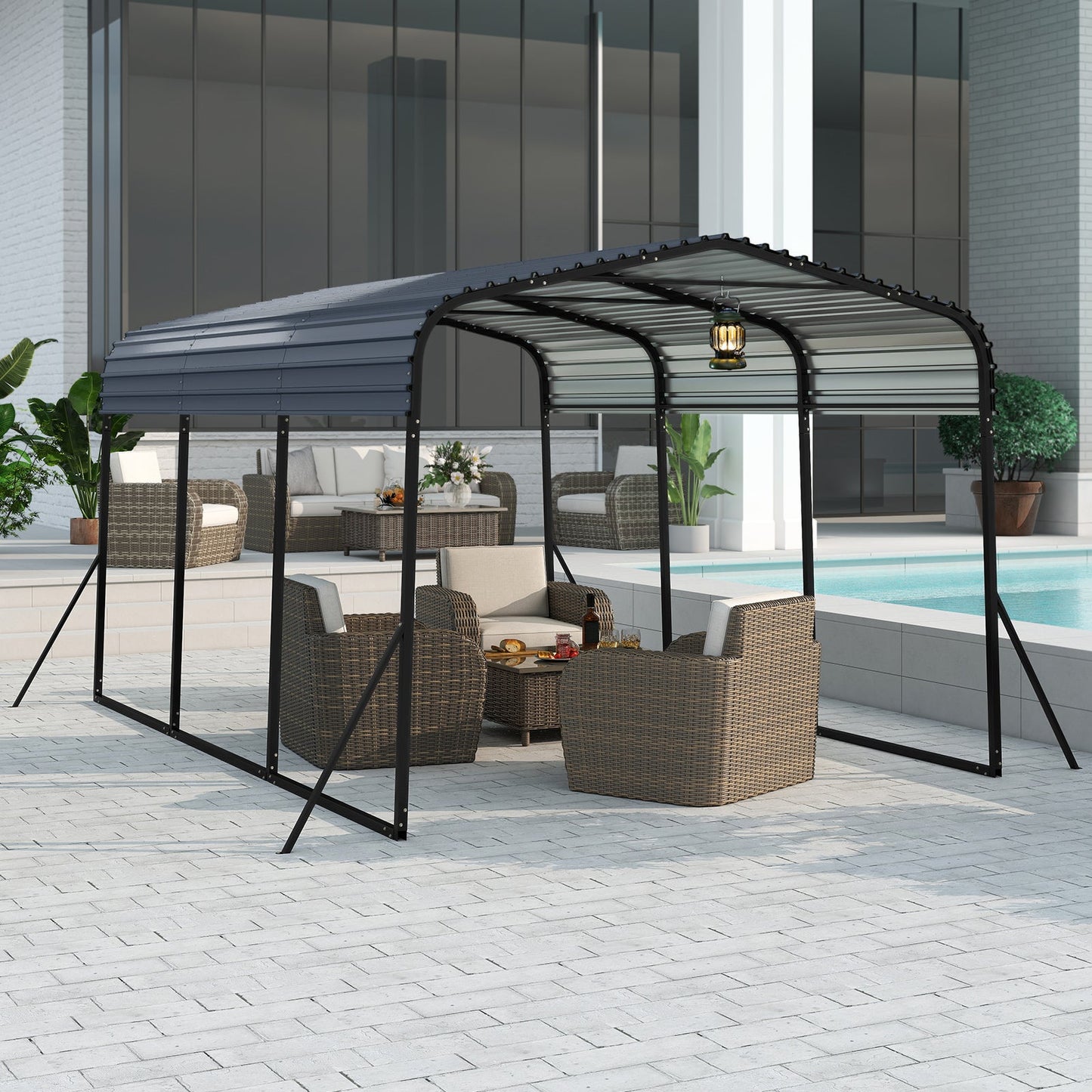 15FT Heavy-Duty Metal Carport Outdoor Garage Car Shelter-Black