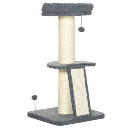 PawHut Cat Tree Cat Tower with Cat Scratching Posts, Pad, Bed, Toy Ball for Cats under 6 Kg, Dark Grey & Beige