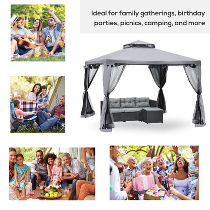 Outsunny 3 x 3 m Metal Gazebo, Garden Pavillion, Double Roof Outdoor Canopy Shelter with Mesh Sidewalls, Grey