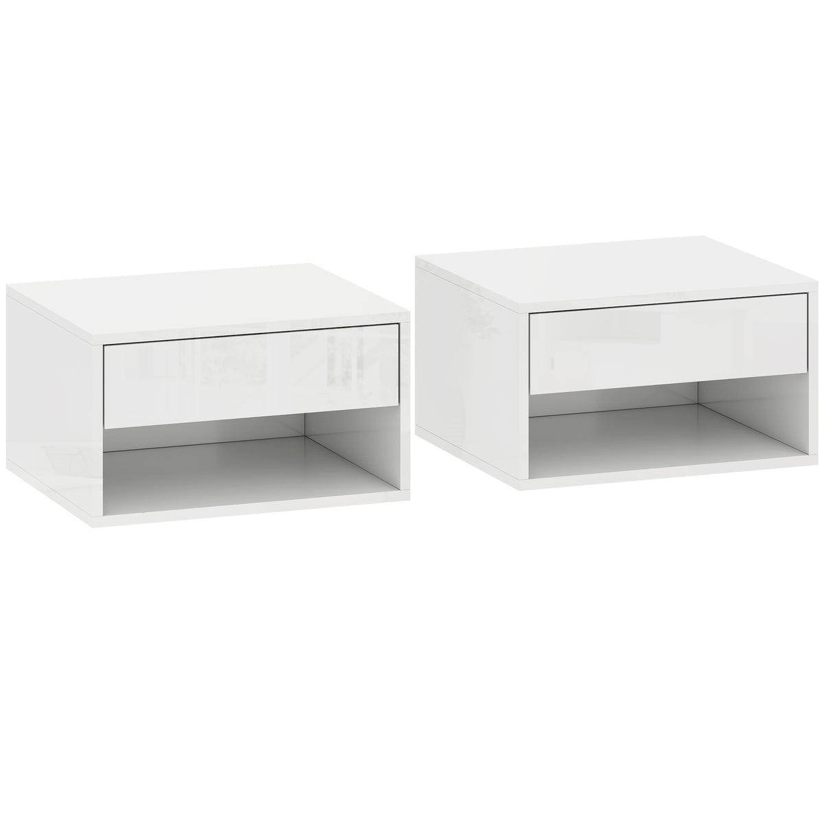 HOMCOM Set of Two Floating Bedside Tables, Wall Mounted Nightstand with Drawer and Open Shelf, High Gloss White