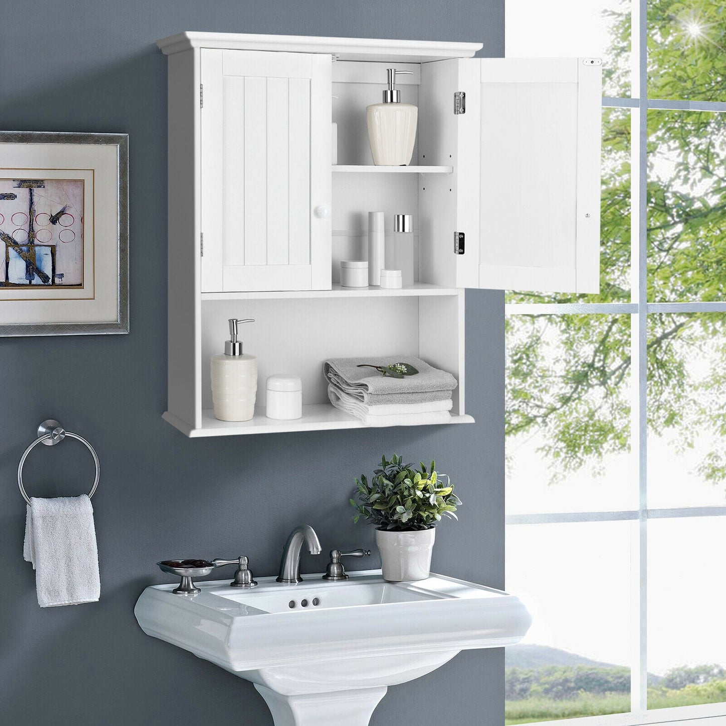 Wall Mounted Bathroom Storage Cabinet with Adjustable Shelf-White