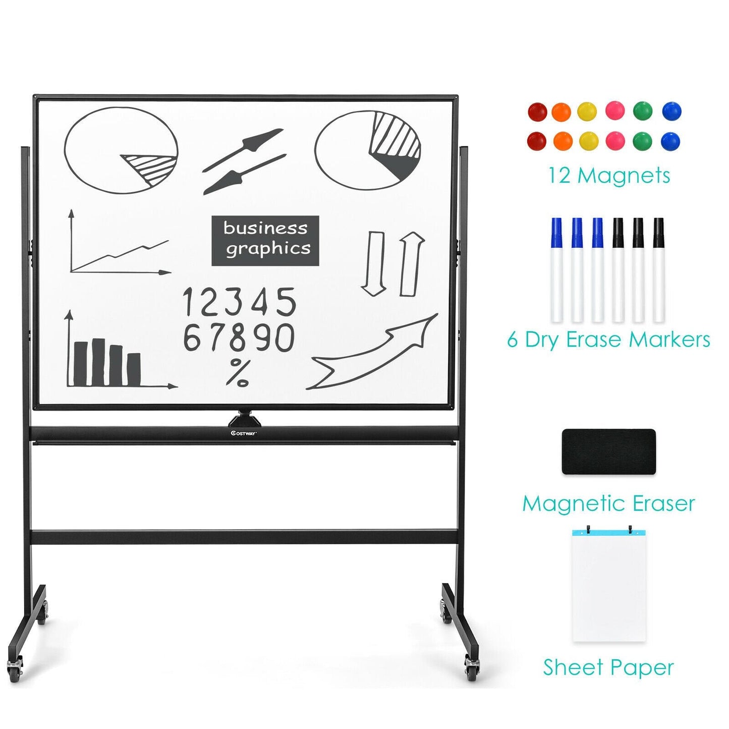 Mobile Magnetic Double-Sized Whiteboard with 4 Lockable Wheels